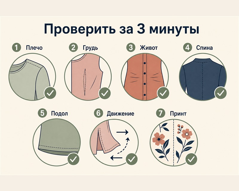 Инфографика с семью проверками посадки и движения платья в примерочной перед покупкой