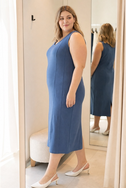 Молодая plus-size женщина проверяет боковую посадку синего платья миди перед зеркалом