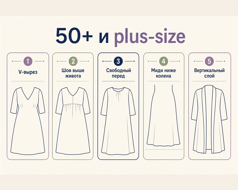 Инфографика пропорций платья для женщин 50+ и plus-size с фигурой яблоко и мягкой талией