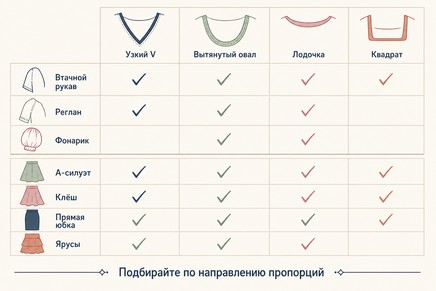 Вырез, рукав и юбка работают вместе: один удачный элемент не компенсирует две конфликтующие линии.