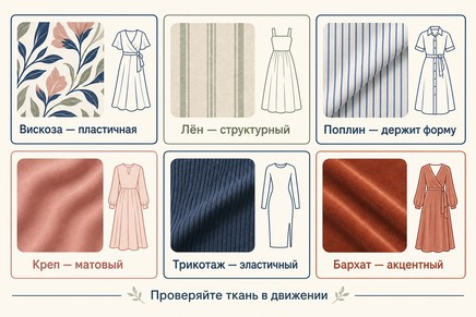 Фактура определяет, будет ли фасон держать форму, мягко падать или подчёркивать натяжение.
