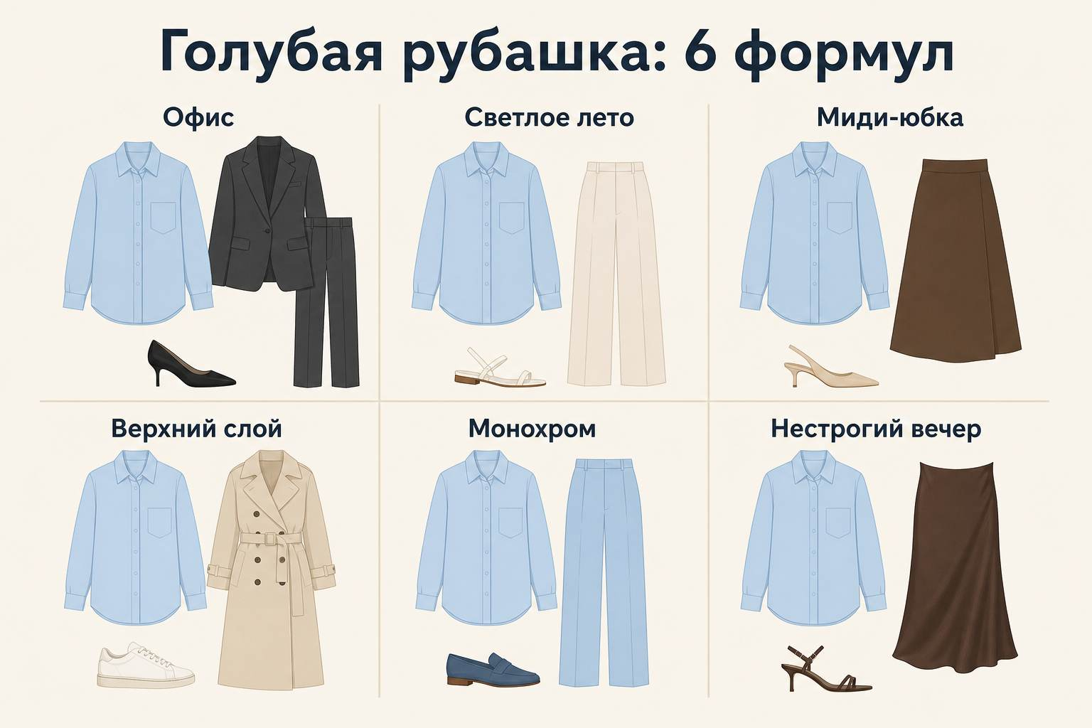 Шесть формул образов с голубой рубашкой для офиса, лета, города и нестрогого вечера
