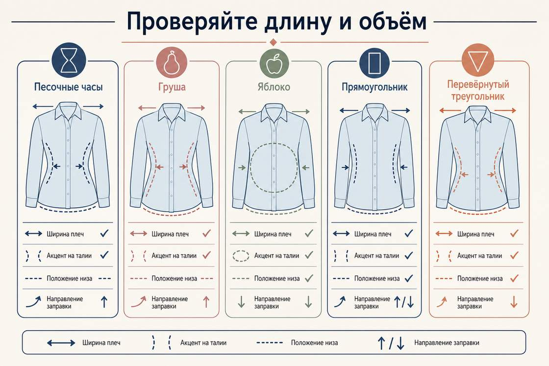 Схема посадки голубой рубашки для пяти типов фигуры с подсказками по длине и объёму