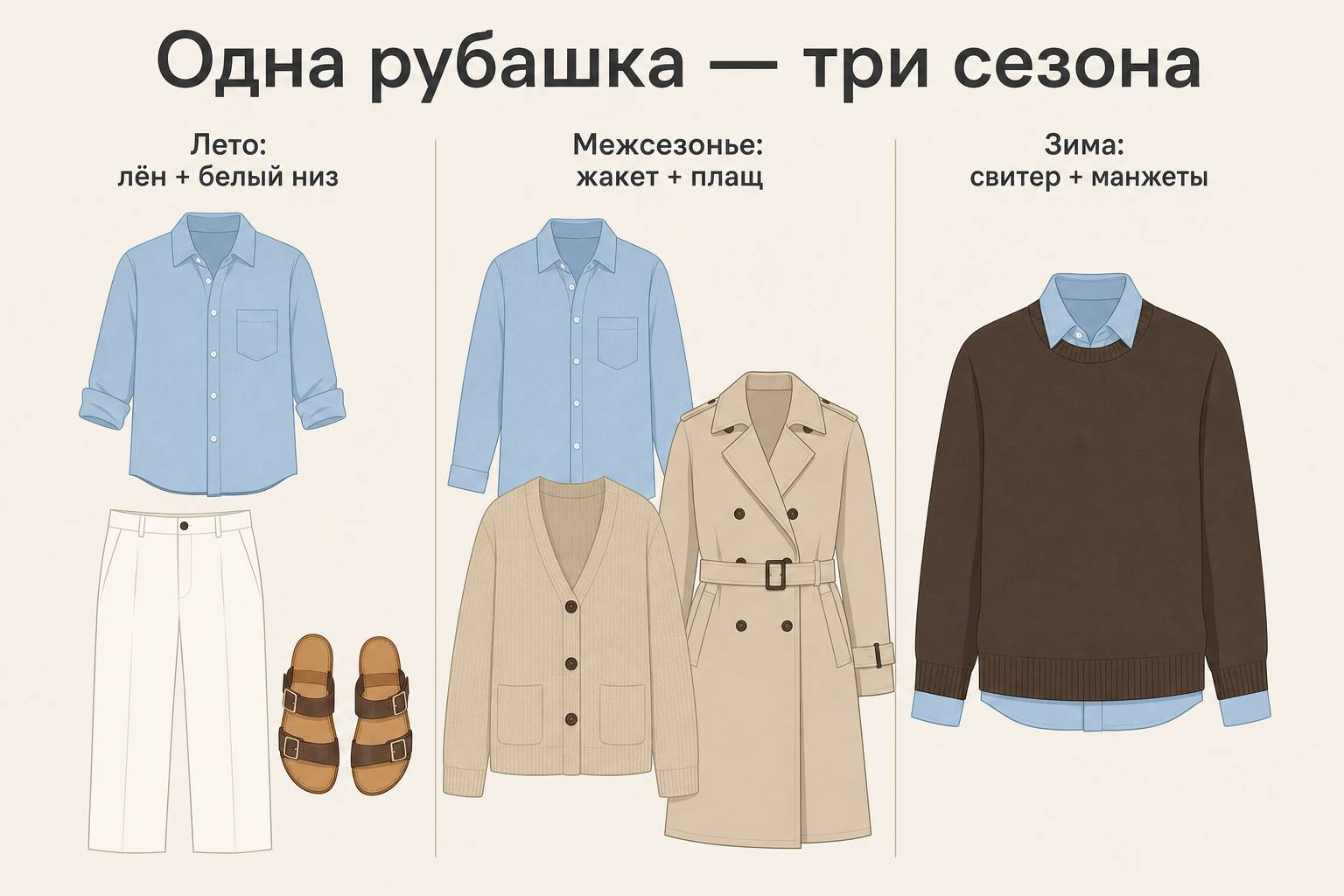 Сезонная карта сочетаний голубой рубашки с льном, жакетом, плащом и шерстяным свитером