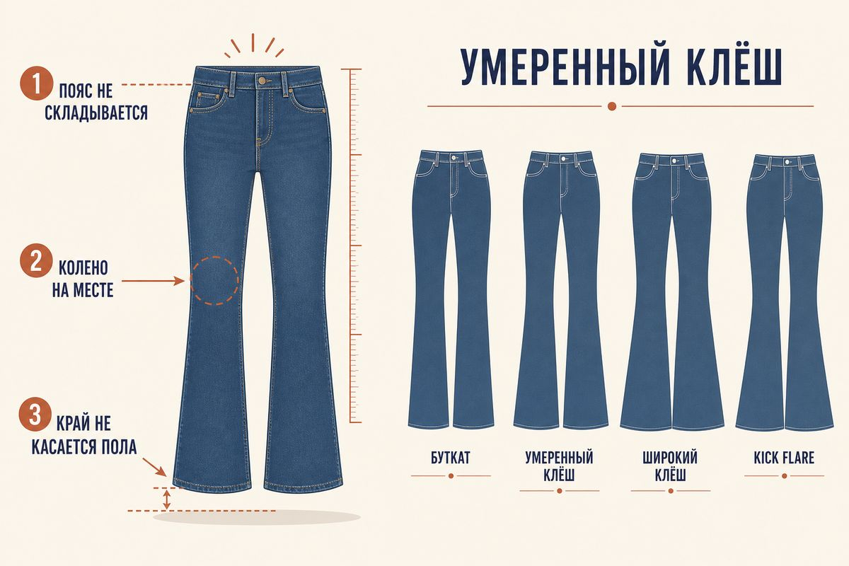 Три контрольные точки: пояс, линия колена и длина до обуви.
