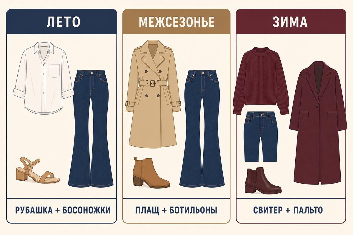 Сезон меняет верх и обувь, а принцип длины остаётся прежним.