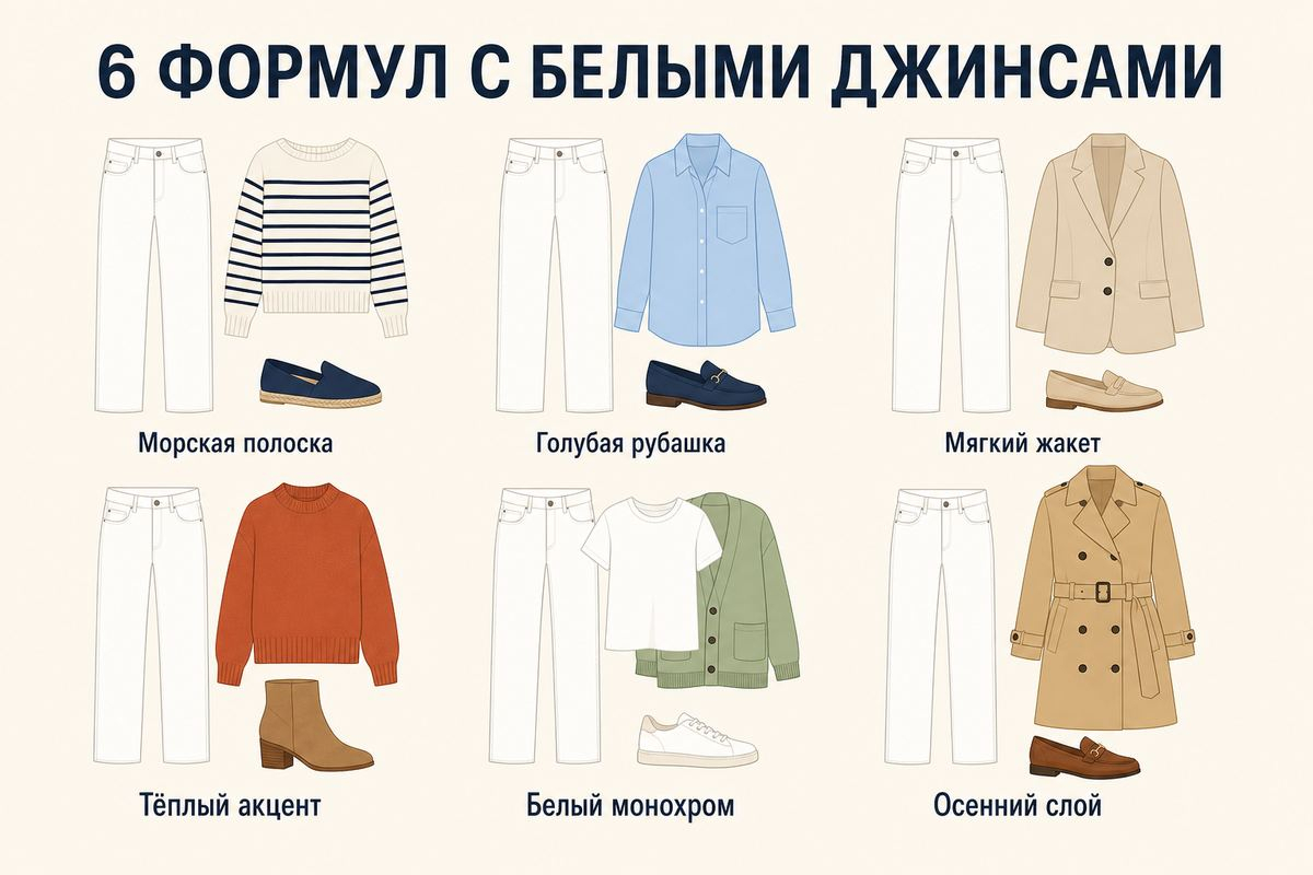 Шесть сочетаний показывают, как менять настроение белых джинсов одним верхним слоем.