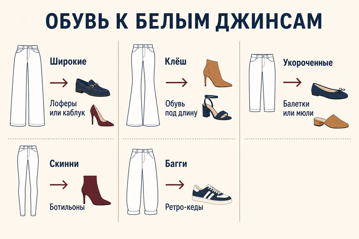 Длина и ширина штанины подсказывают обувь точнее, чем сам белый цвет.