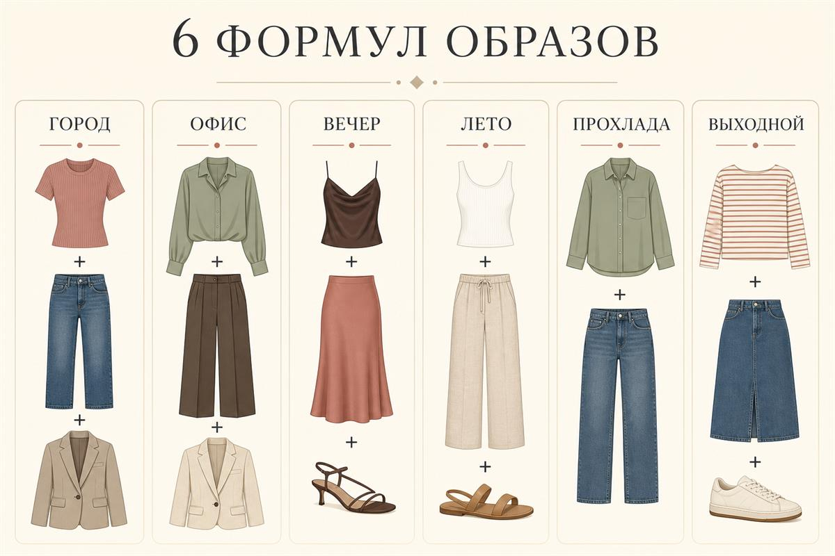 Шесть схем для выбора низа, слоя и обуви.