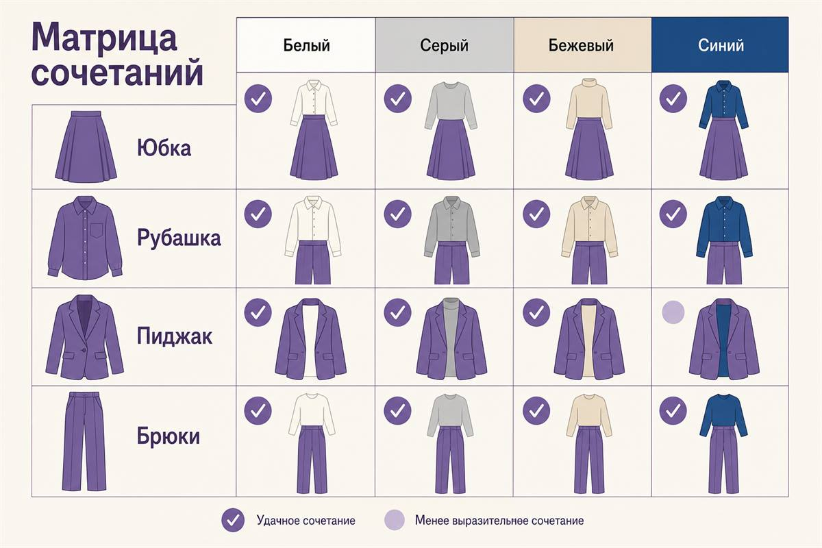 Матрица помогает выбрать базовый цвет под конкретную фиолетовую вещь.