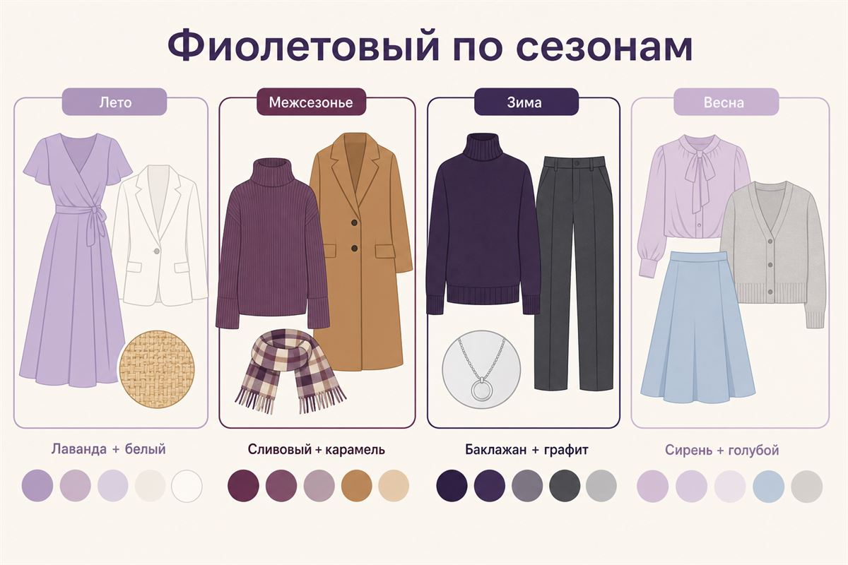 Сезон меняет плотность ткани и соседние оттенки, но не запрещает фиолетовый.