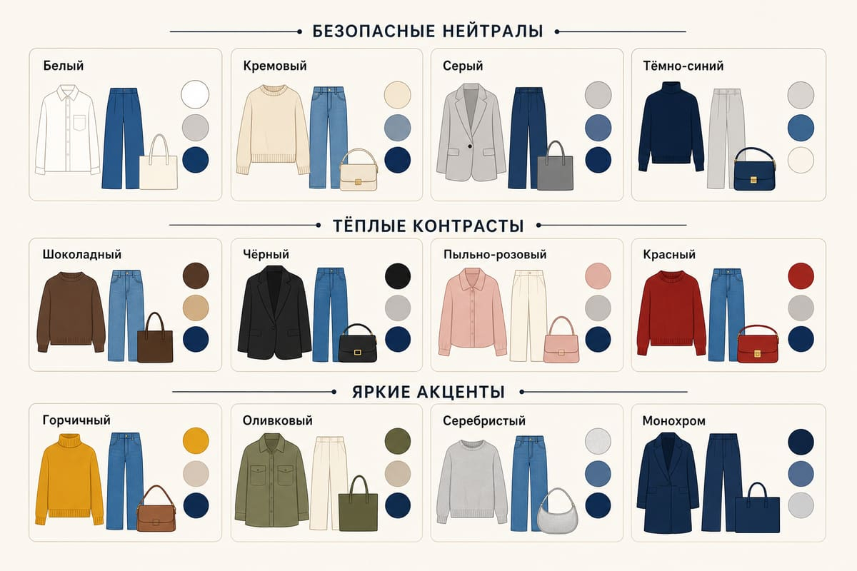 Палитра показывает безопасные, тёплые и контрастные пары с голубым.