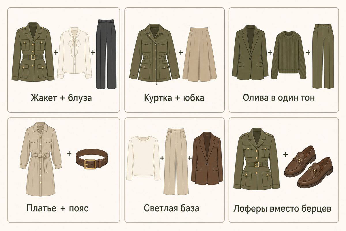 Шесть формул показывают, как дозировать военную эстетику в привычных комплектах.