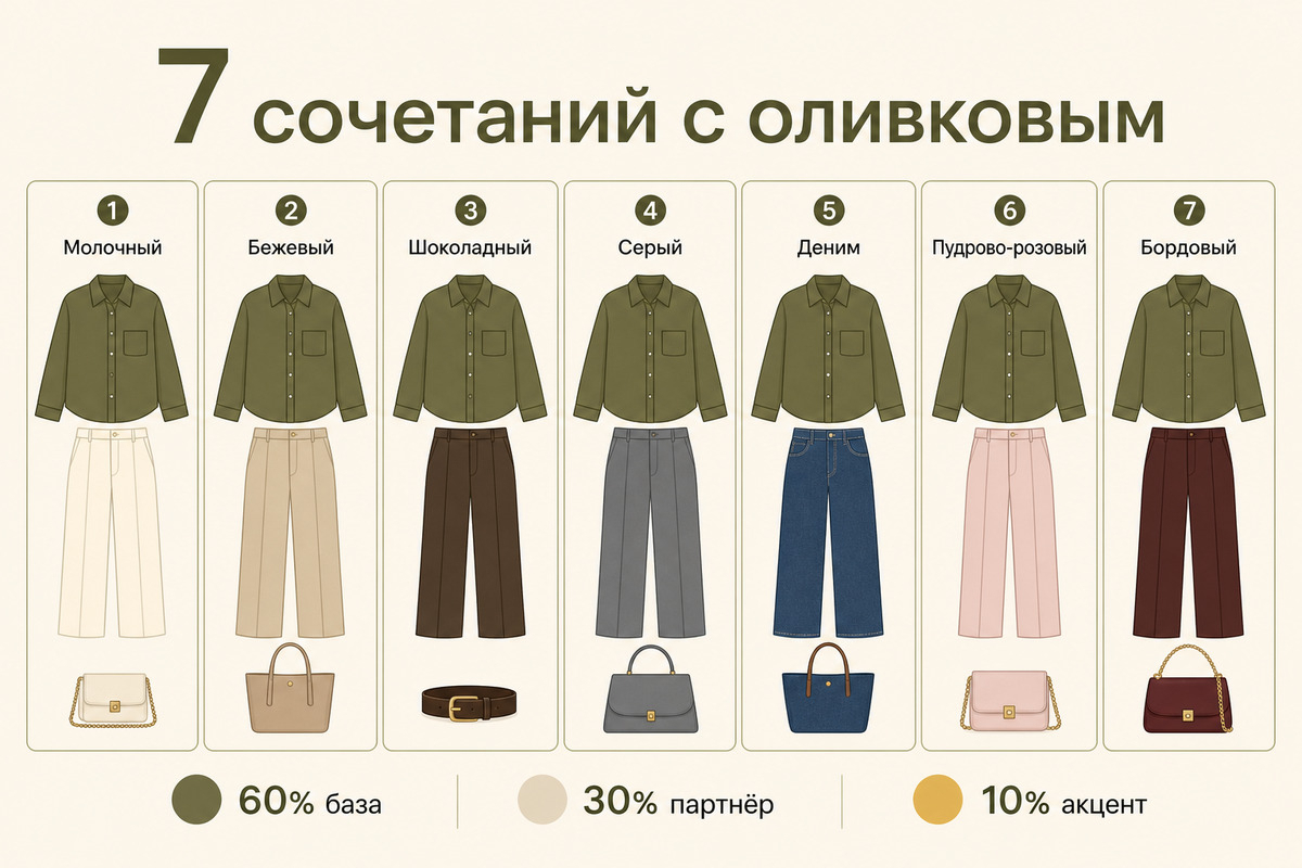 Семь цветовых формул: от спокойной офисной базы до выразительного вечернего акцента.
