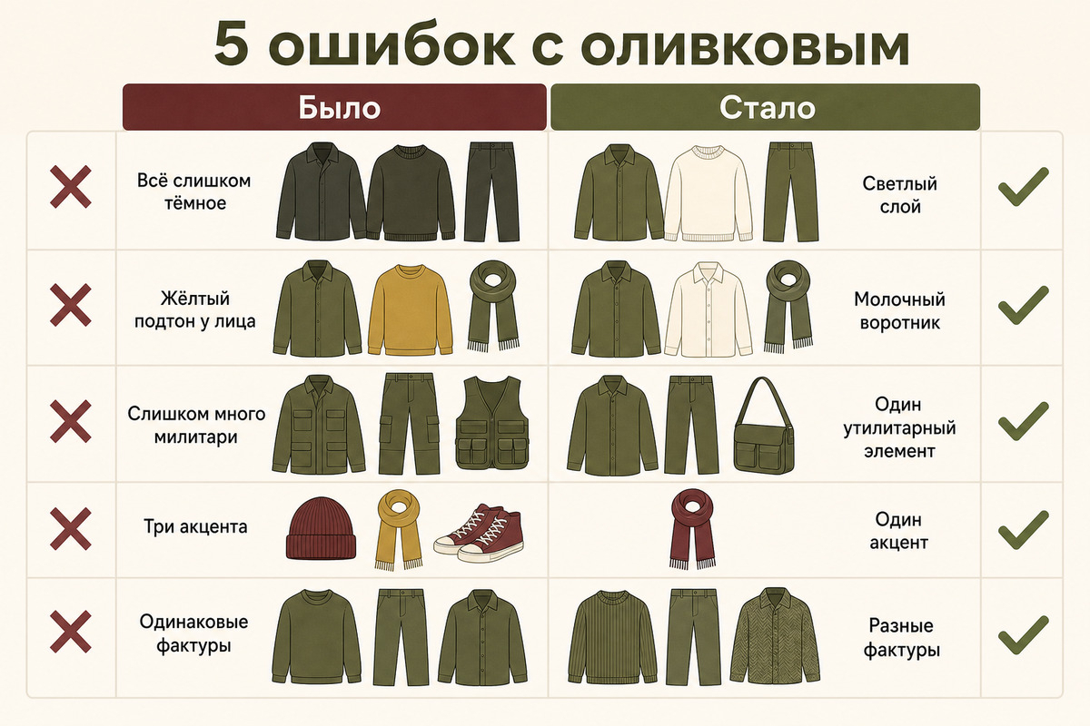 Пять быстрых исправлений: светлый слой, один акцент, современный крой и разные фактуры.