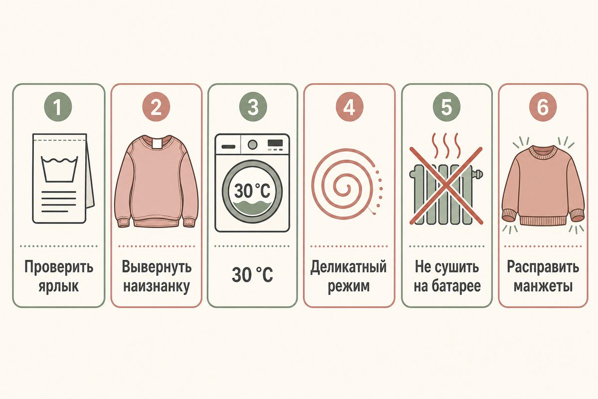Шесть действий помогают сохранить горловину, манжеты и гладкость полотна.