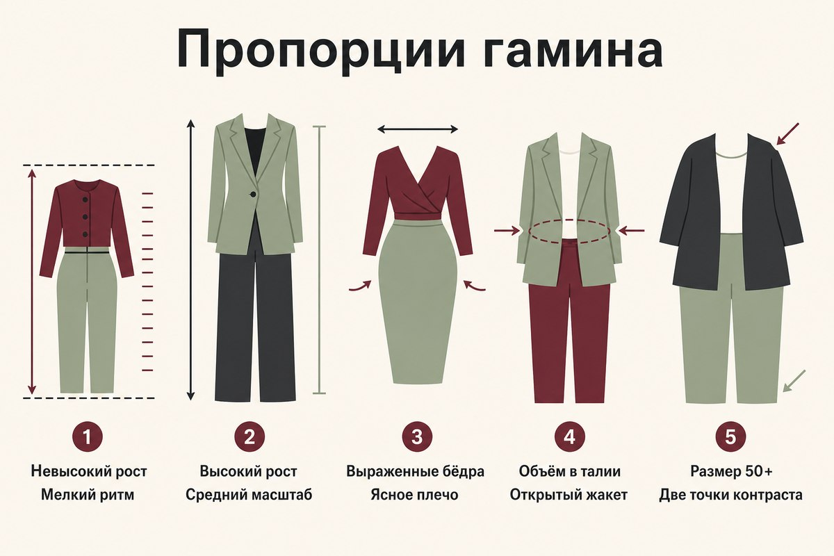 Масштаб деталей меняется вместе с фигурой, а принцип короткого визуального ритма сохраняется.