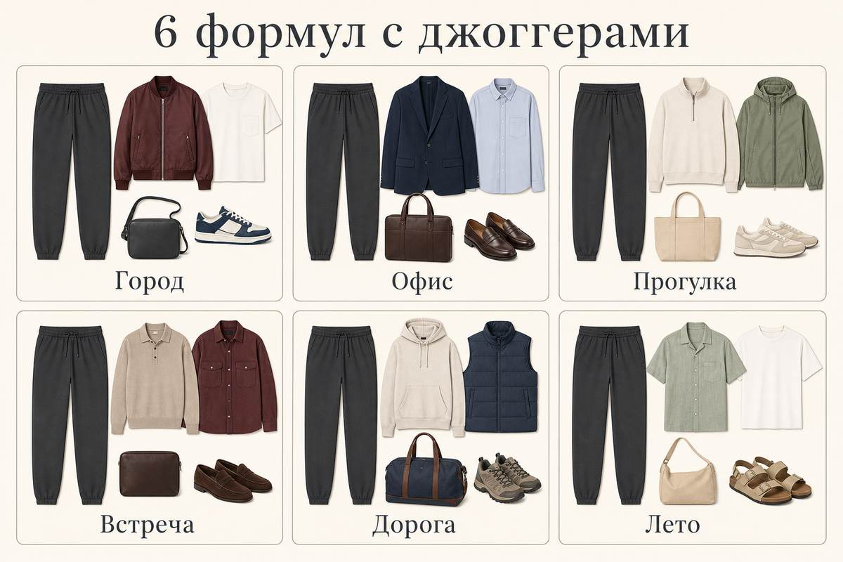 Шесть формул показывают, как менять характер джоггеров с помощью верха, слоя и обуви.
