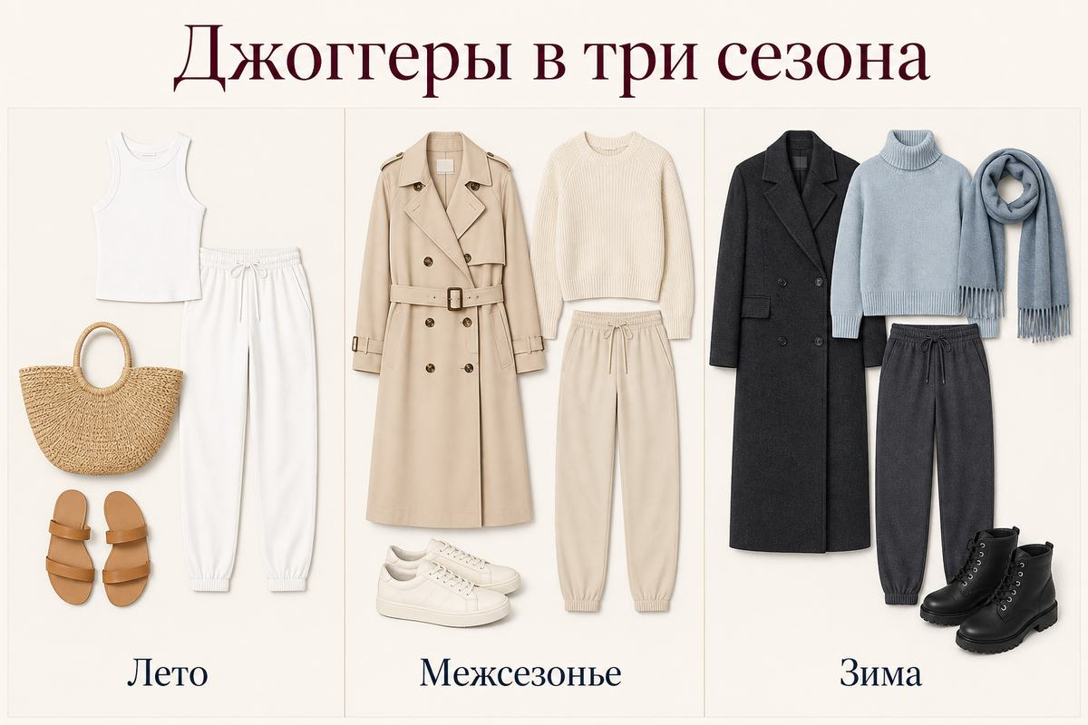 Три сезонные формулы меняют плотность ткани, слой и обувь, сохраняя одну пару джоггеров.