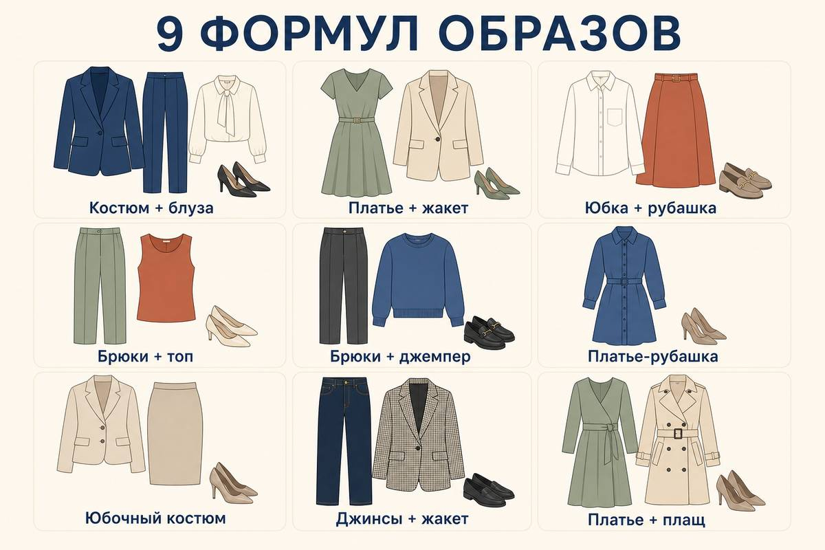 Девять формул можно менять по цвету и получать десятки спокойных комплектов.