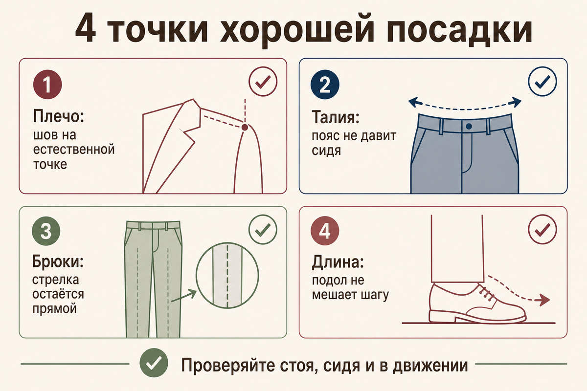 Не запреты, а точки настройки: талия, плечо, длина и линия брюк.