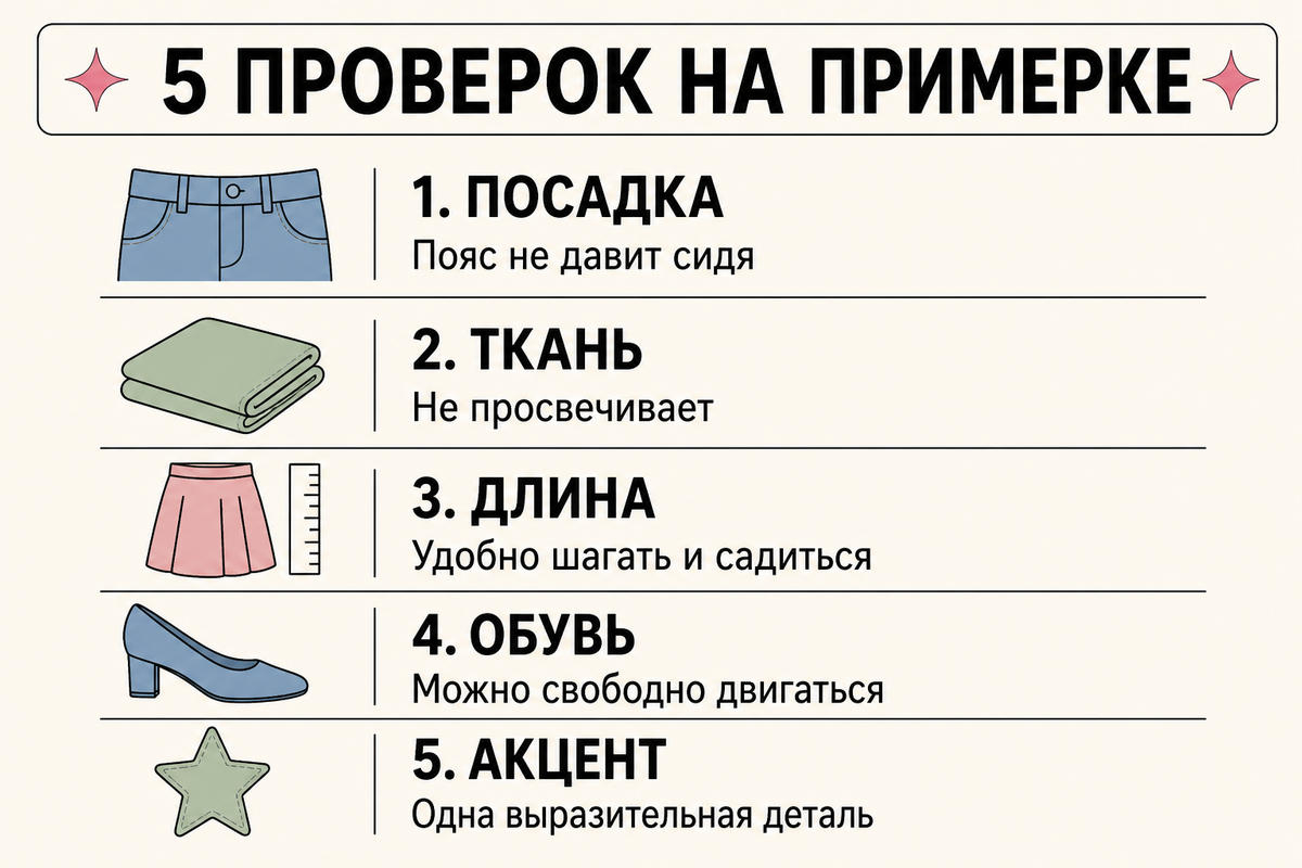 Проверьте комплект сидя и в движении: посадку, ткань, длину, обувь и количество акцентов.