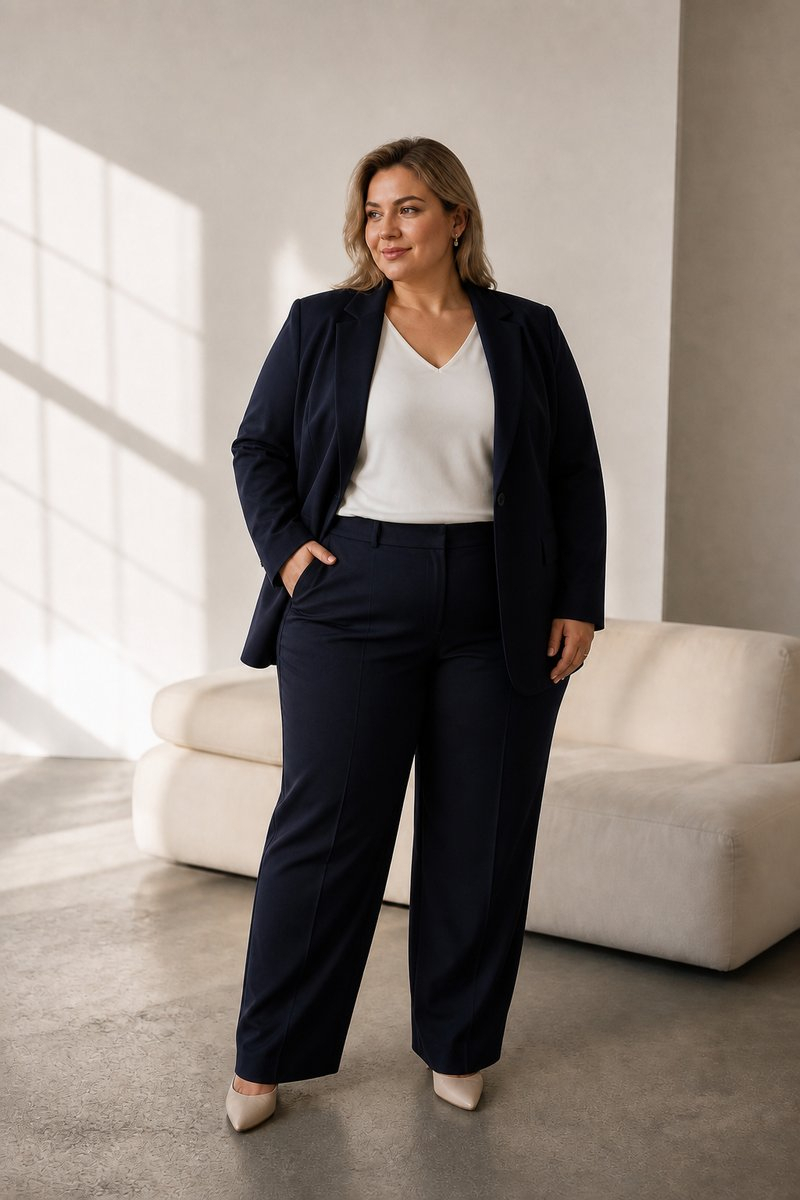 Точное плечо, открытый лацкан и гладкая линия брюк собирают plus-size образ без лишнего объёма.