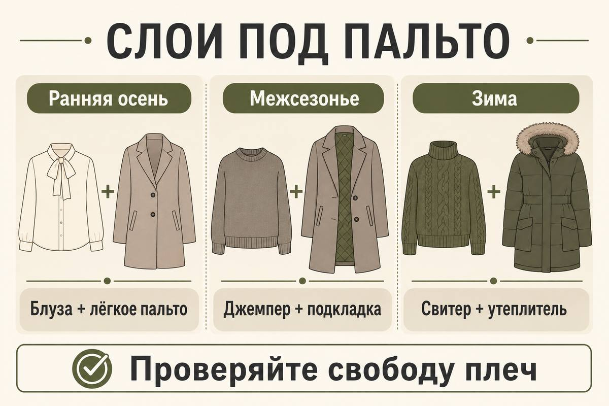Толщина первого слоя меняется по погоде, а запас в плечах проверяется ещё в примерочной.