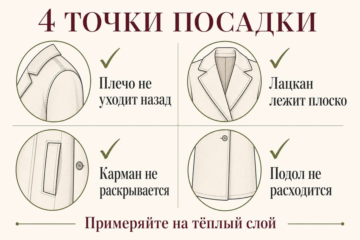 Четыре точки посадки помогают оценить пальто без оценочных формулировок о фигуре.