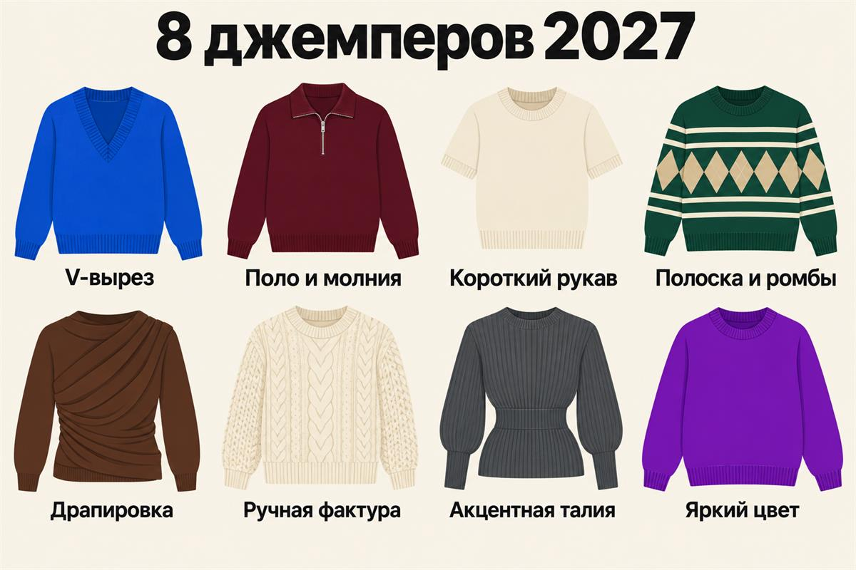 Восемь направлений 2027 года различаются по вырезу, длине рукава, фактуре, посадке и цвету.
