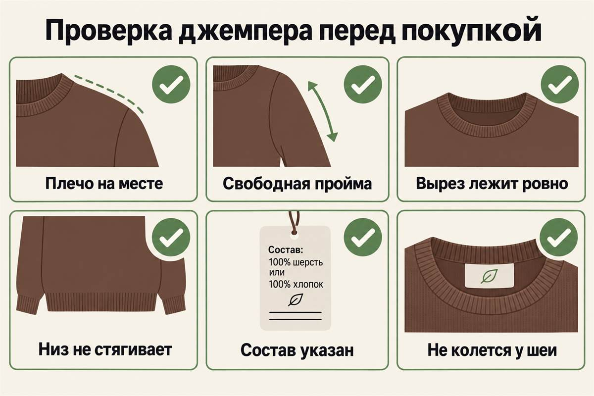 Шесть быстрых проверок помогают оценить посадку и комфорт джемпера ещё в примерочной.