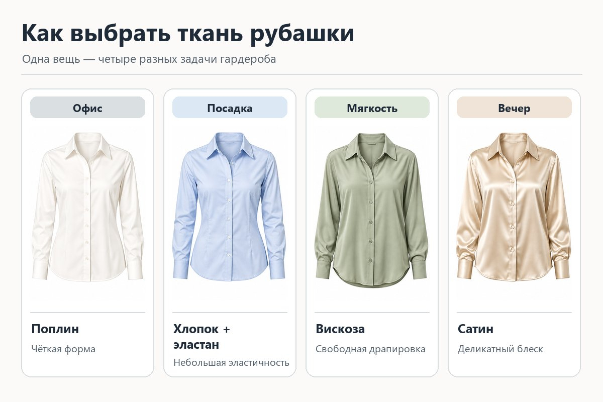 Схема тканей рубашки: белый поплин, голубой хлопок с эластаном, зелёная вискоза и сатин цвета шампанского