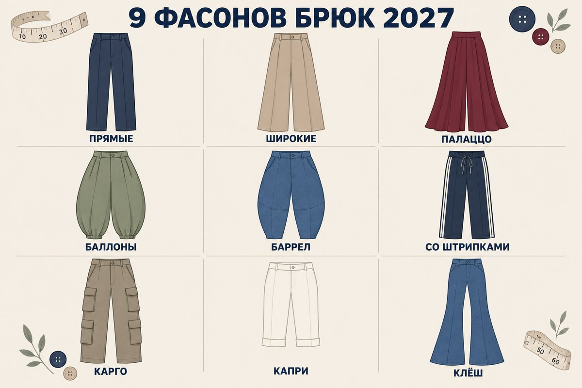 Девять ключевых силуэтов 2027 года: от прямых брюк до мягкого клёша.