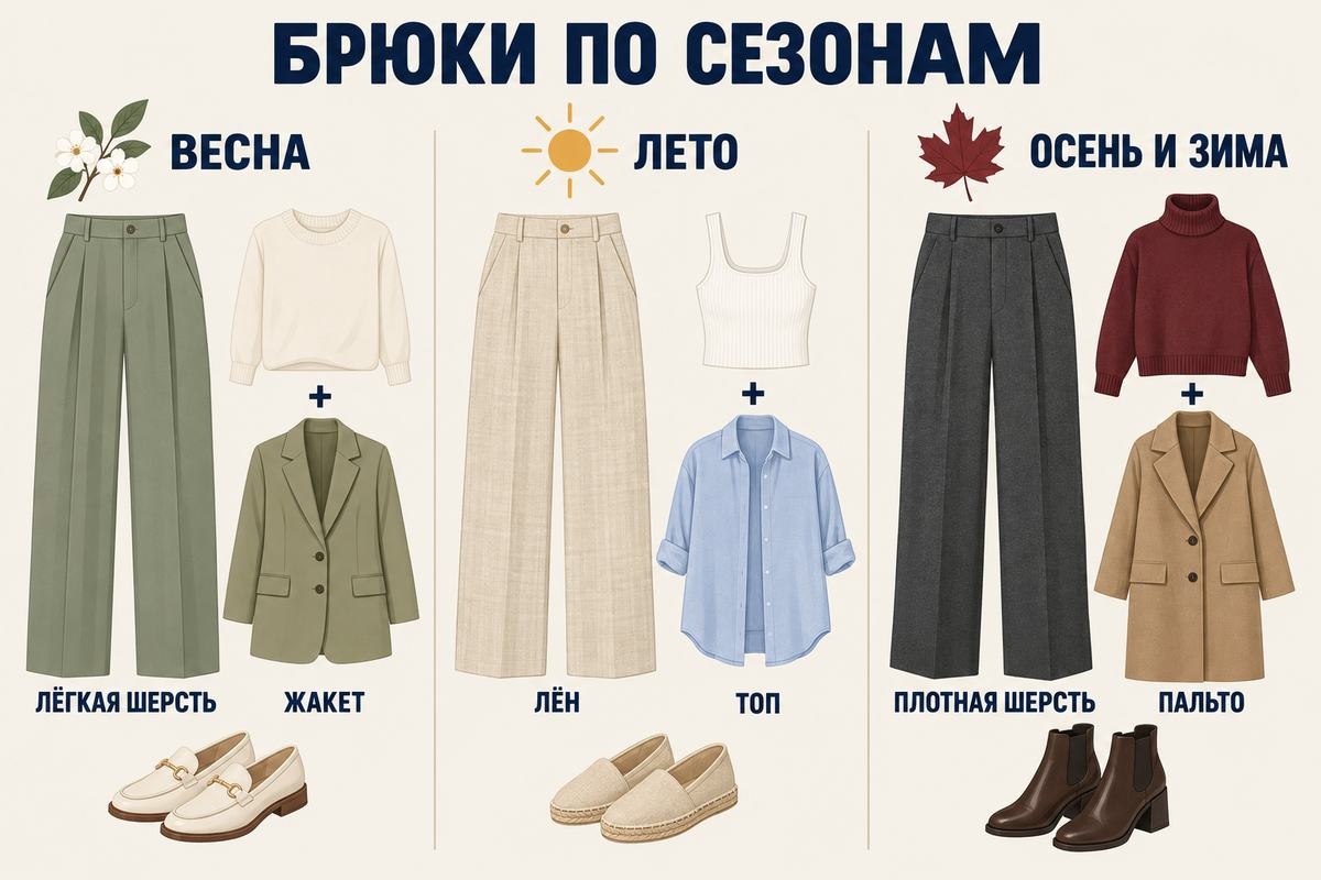 Сезонная карта: лёгкая шерсть и жакет весной, лён летом, плотная шерсть и пальто в холода.