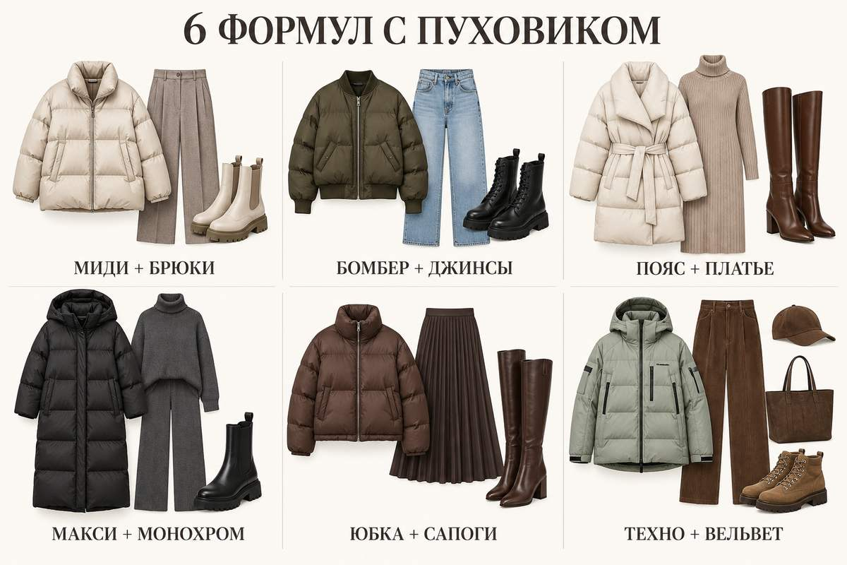 Шесть практичных формул показывают, какой низ и обувь уравновешивают разные силуэты пуховика.