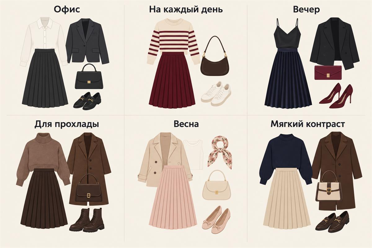 Шесть формул показывают, как менять назначение одной юбки с помощью верха и обуви.
