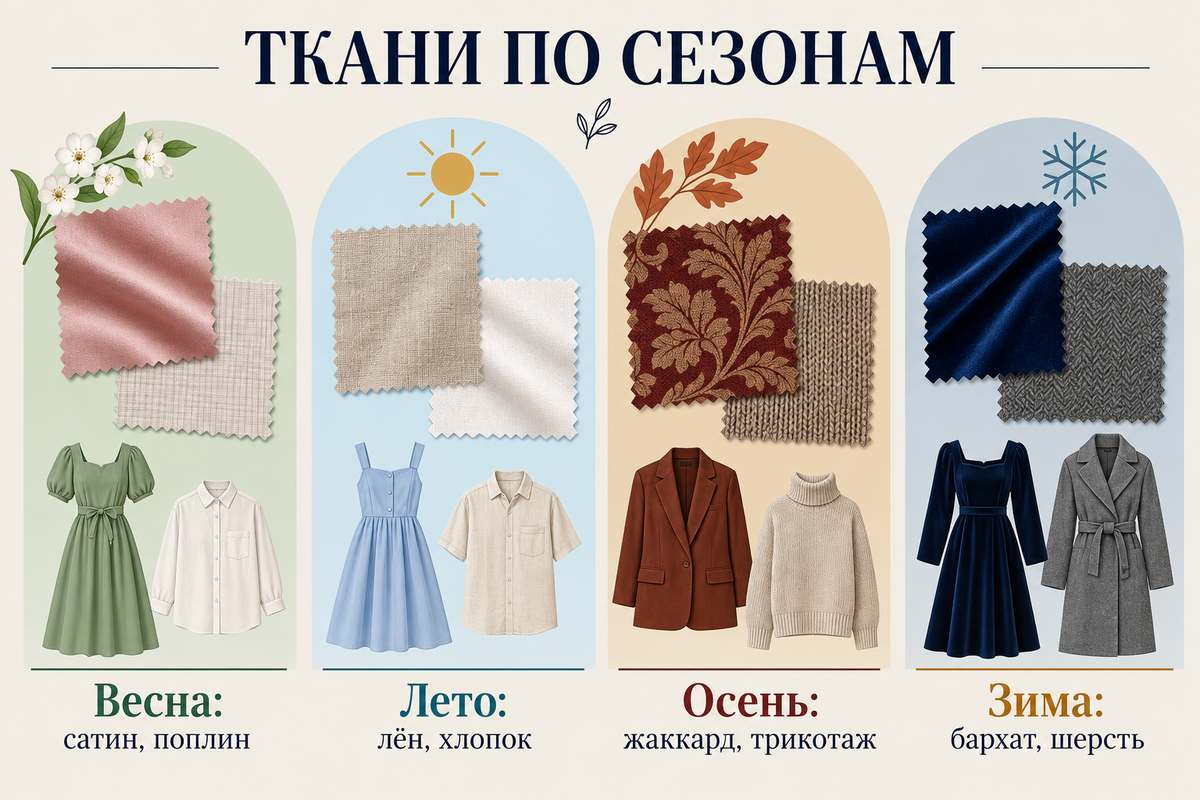 Сезонная карта тканей помогает выбрать плотность и фактуру.