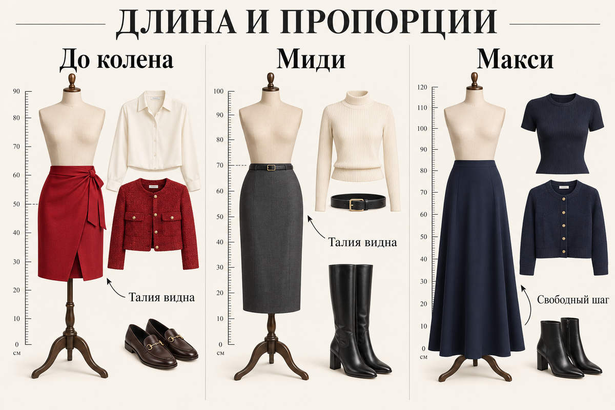 Длина работает вместе с верхом: чем длиннее юбка, тем яснее должна читаться линия талии.