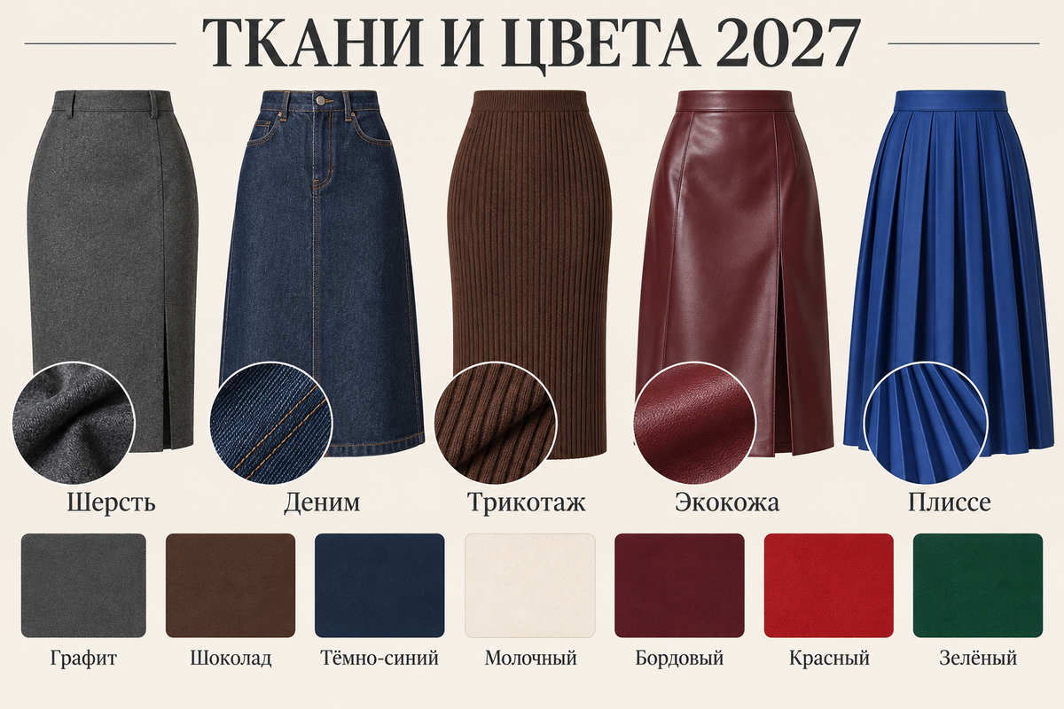 Пять материалов и рабочая палитра 2027 помогают выбрать юбку под сезон и сценарий.