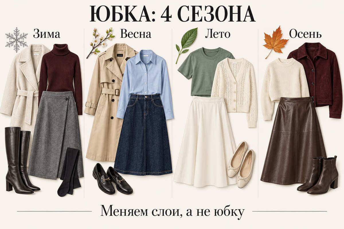 Одна юбка может работать круглый год, если менять плотность верха, обувь и верхнюю одежду.