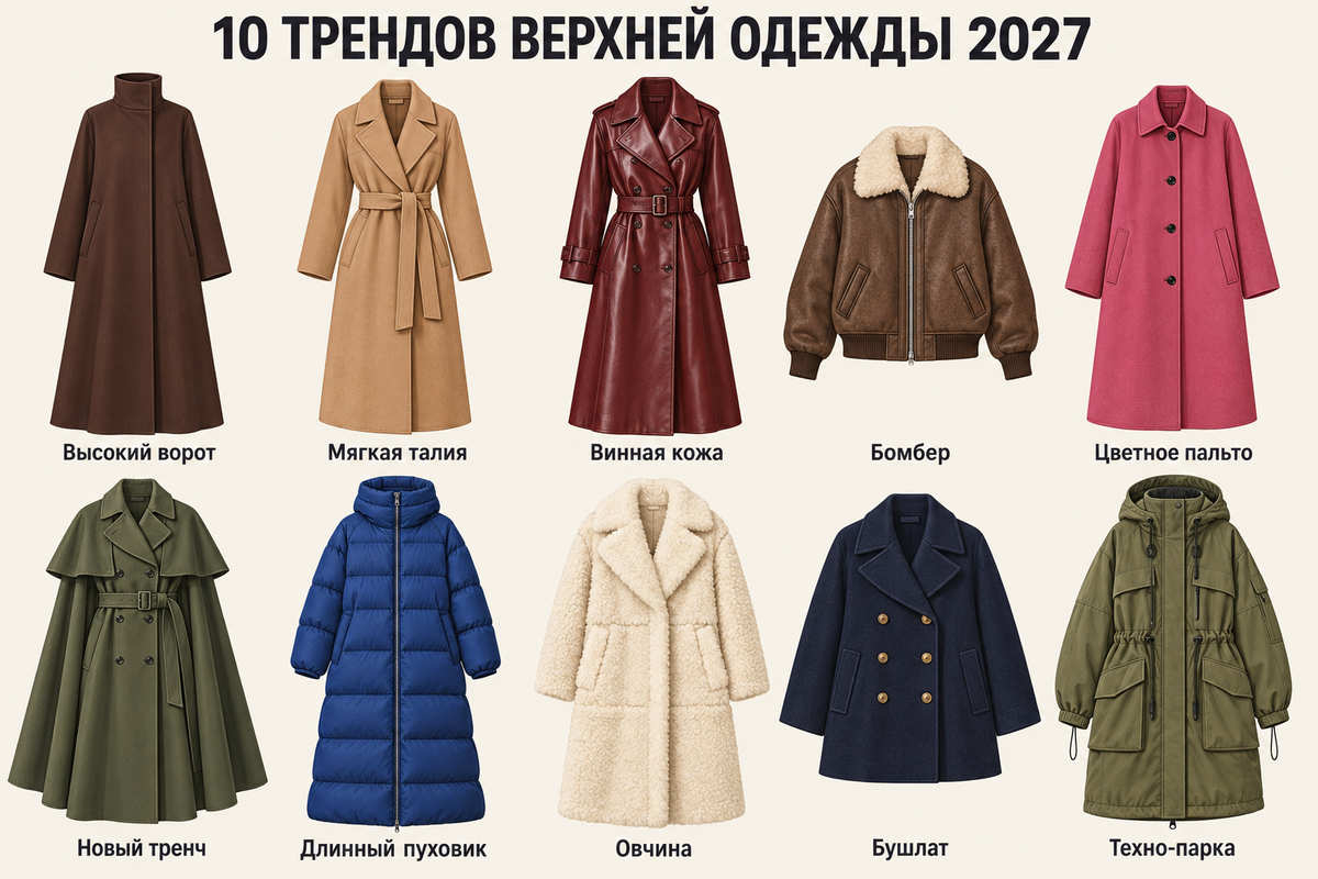 Десять направлений сезона показаны через конкретные вещи: от пальто с высоким воротом до техно-парки.