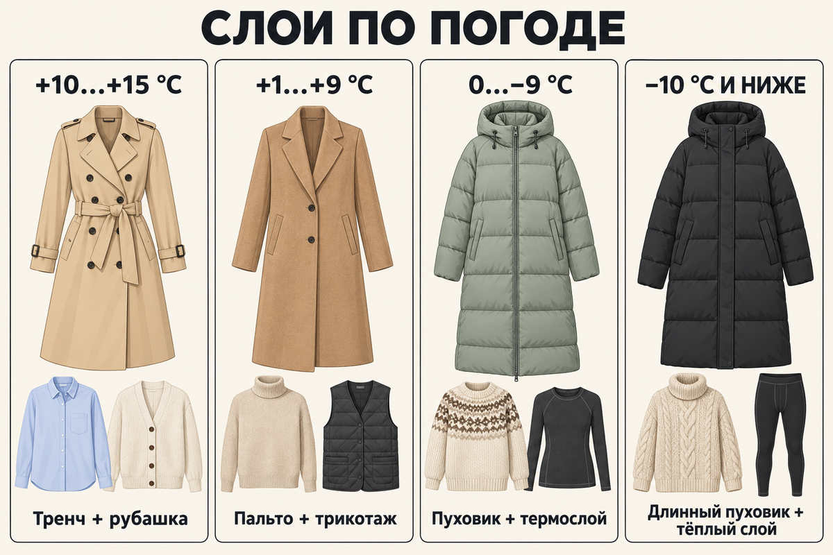Схема показывает верхний слой и вещи под ним для четырёх температурных диапазонов.