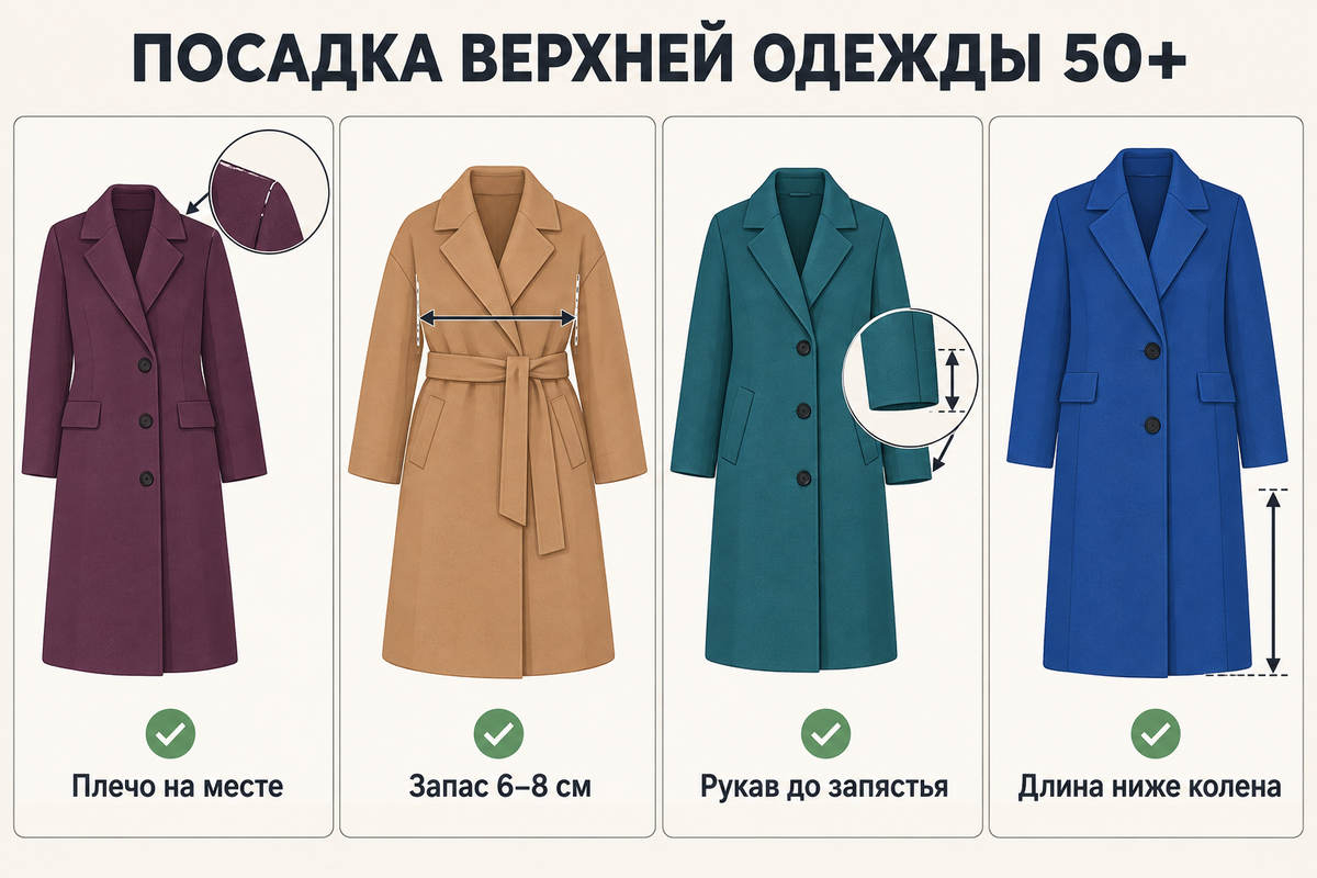 Четыре контрольные точки примерки показаны на самих пальто с линиями измерения и стрелками.