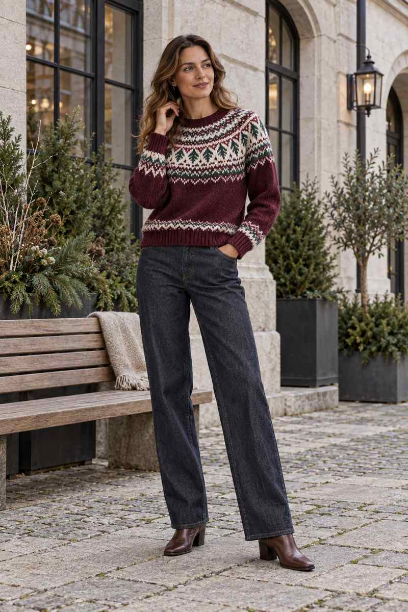 Северный узор Fair Isle лучше звучит рядом с простым тёмным денимом и гладкой кожаной обувью.