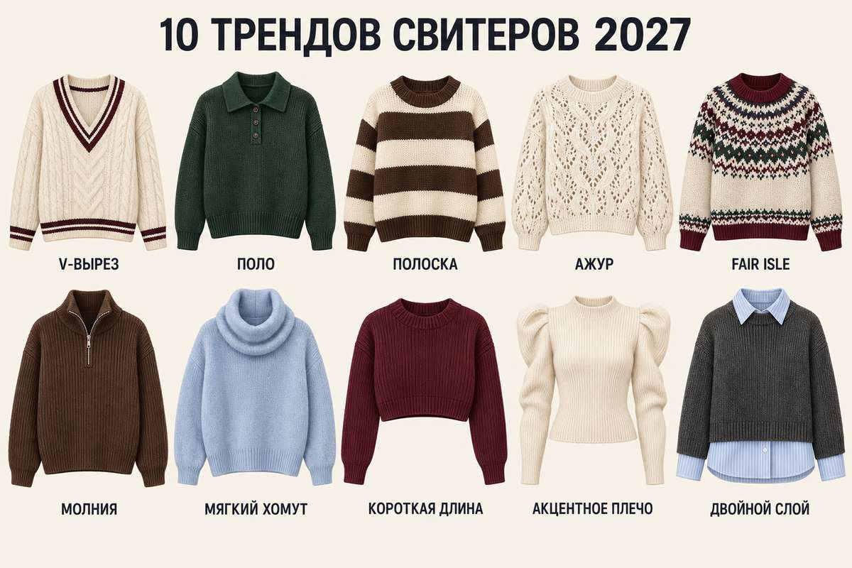 Десять деталей сезона показаны самими моделями свитеров: от V-выреза и Fair Isle до акцентного плеча.