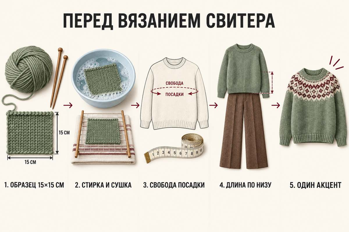 Пять проверок перед набором петель: образец, влажная обработка, свобода посадки, длина и один акцент.