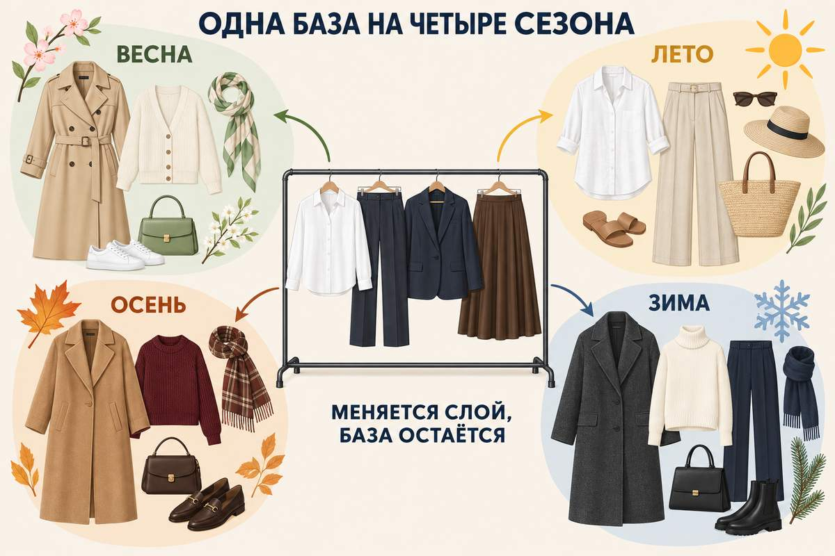 Инфографика показывает одну основу на рейле и отдельные наборы одежды и аксессуаров для четырёх сезонов.