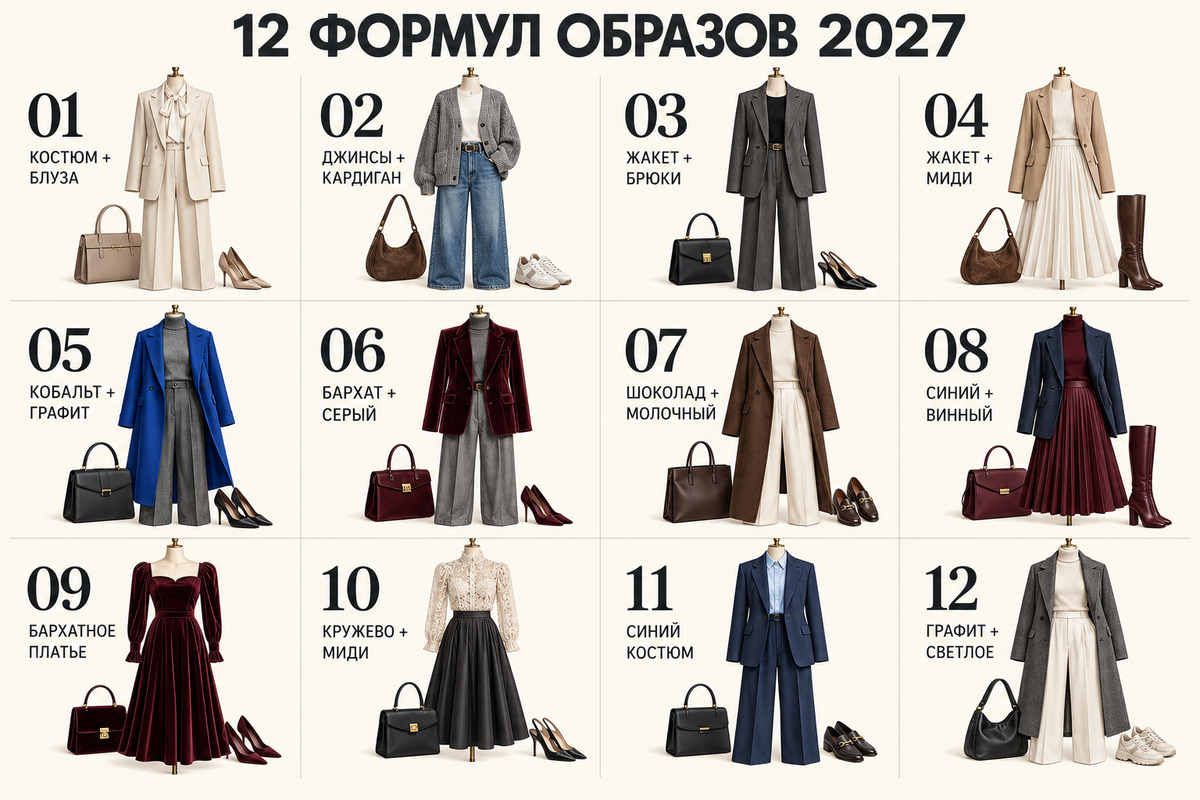Двенадцать формул собраны из узнаваемых предметов: костюма, пальто, жакета, юбки миди, платья, трикотажа и обуви.