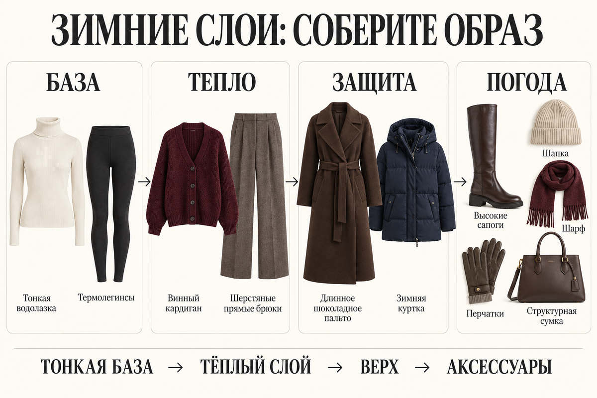 Зимний конструктор: тонкая база, тёплый средний слой, защитная верхняя одежда и погодные аксессуары.