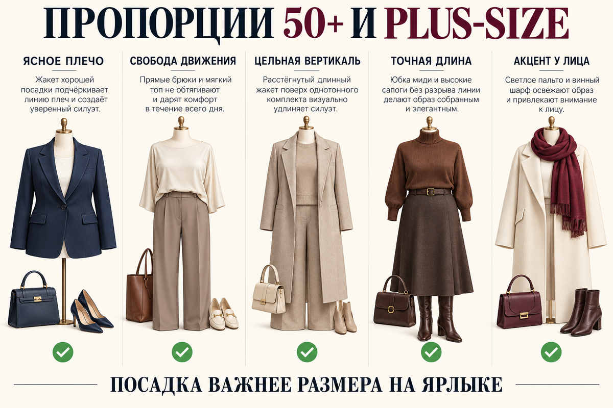 Рабочие пропорции: ясная линия плеч, свободная посадка, цельная вертикаль и акцент в выбранной зоне.